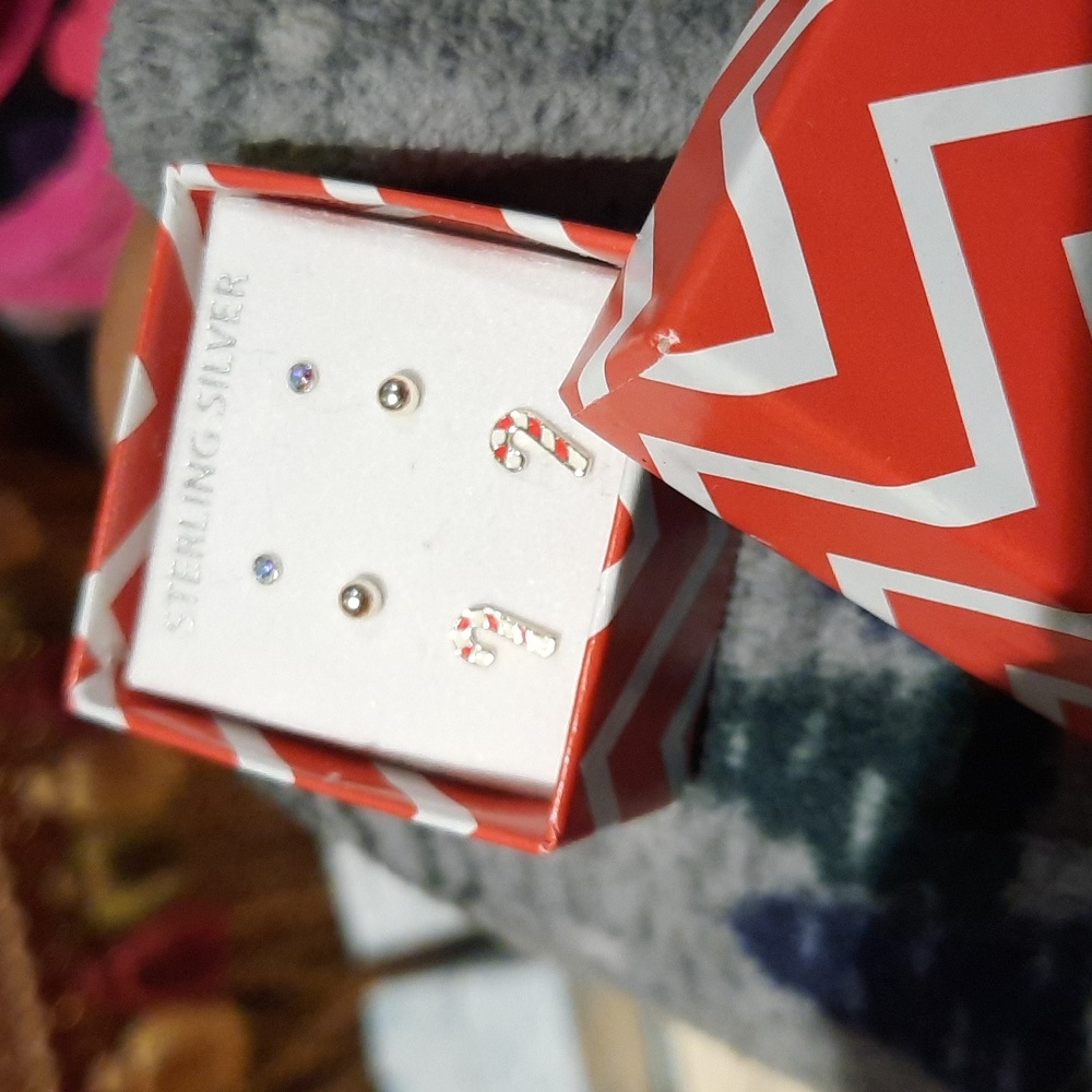 NWT GIRL'S Gift Set TRIO EARRINGS lot of 3pr Solid Sterling Silver Candy Cane